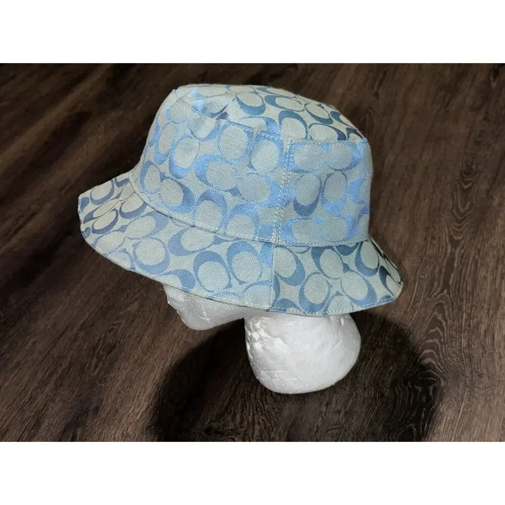 Coach Signature Jacquard Bucket Light Blue Hat Monogram Canvas Sun Hat - Picture 2 of 10